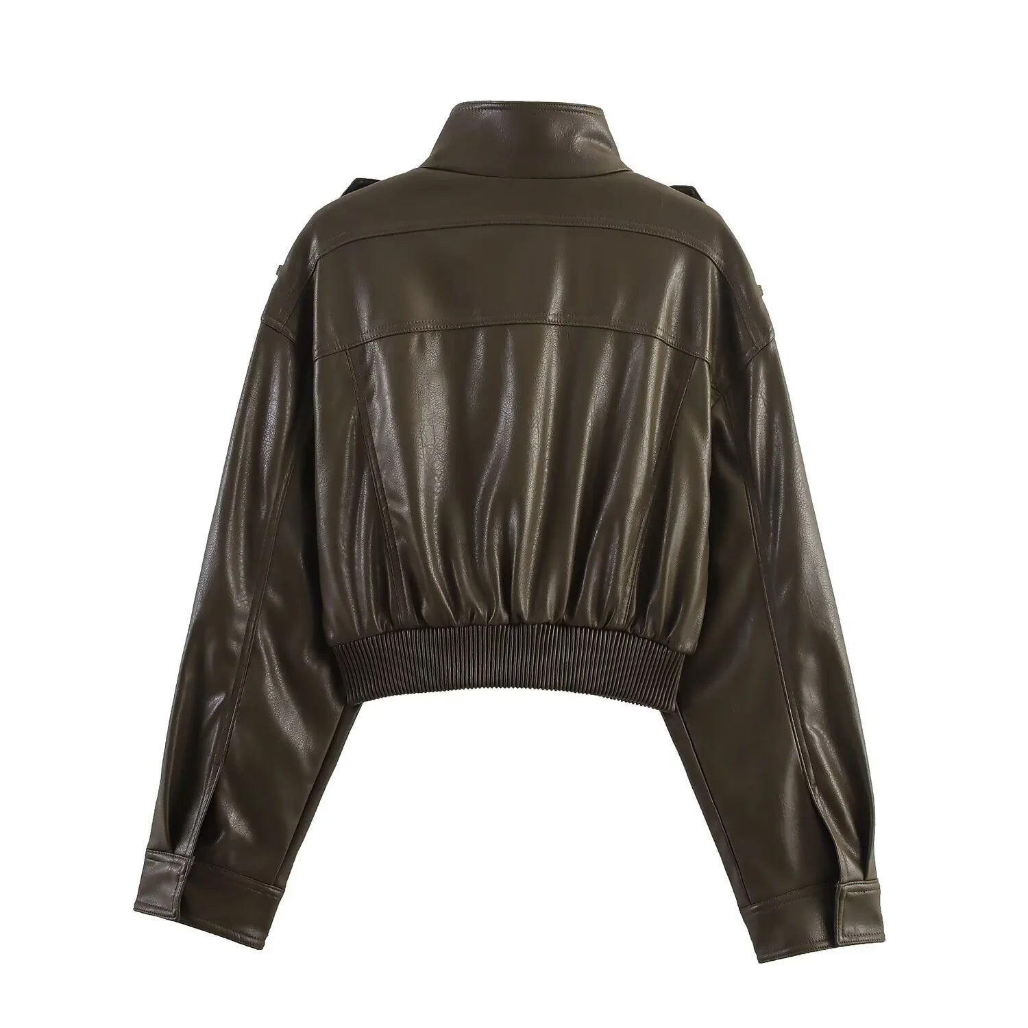 Dark brown cropped bomber jacket with stand collar and flap pockets