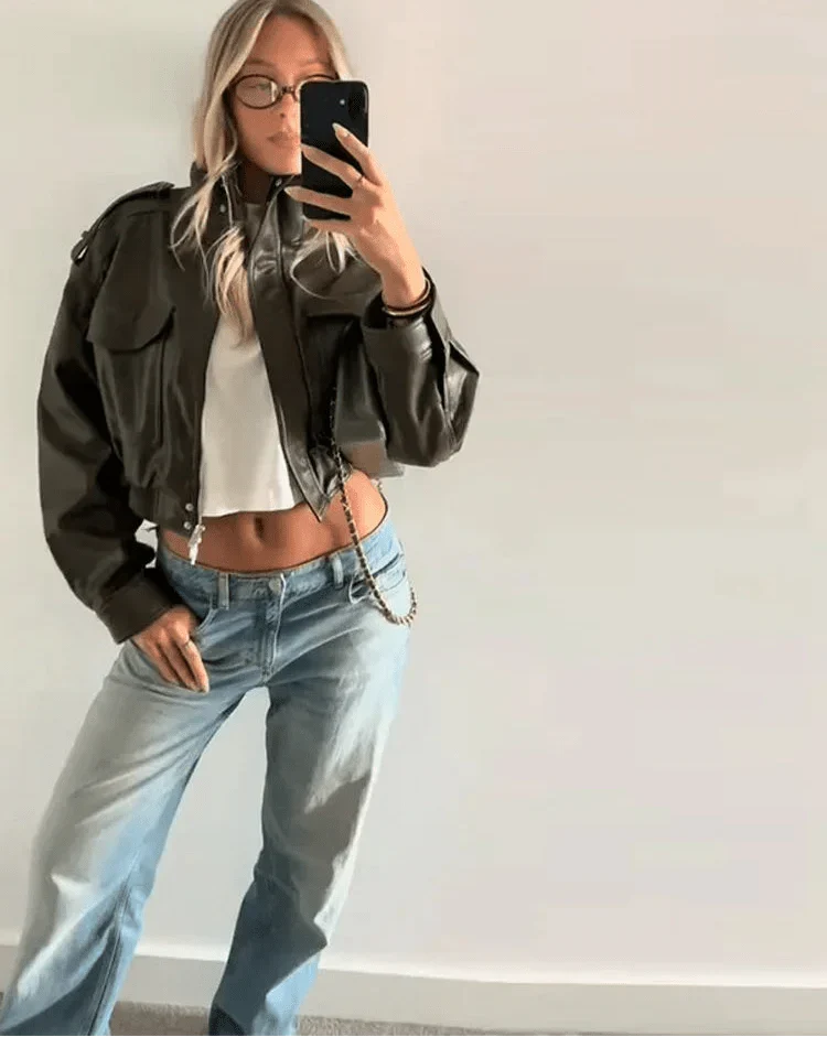 Structured cropped bomber jacket in dark brown with zip-up front closure
