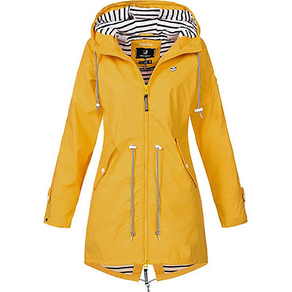 Women's hooded raincoat in yellow with full zip closure and striped lining detail