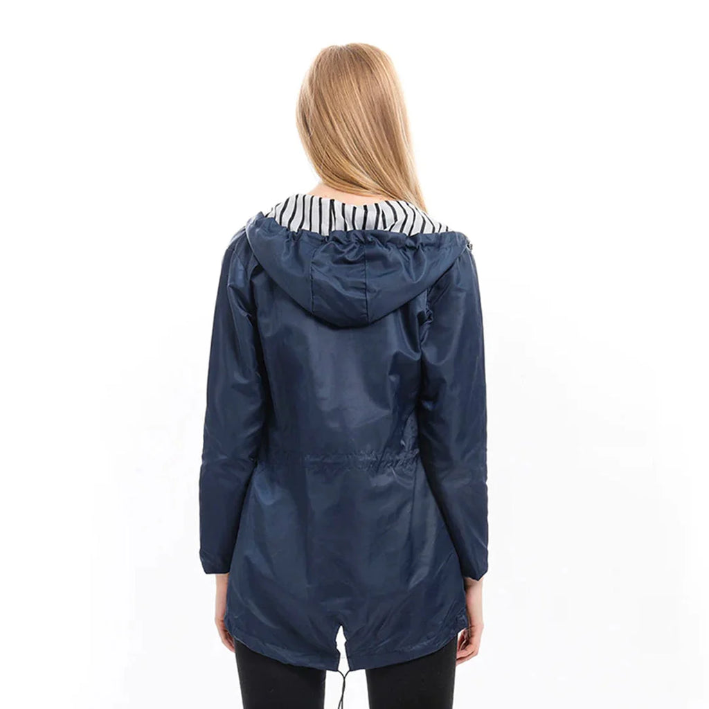 Yellow waterproof coat with functional pockets and adjustable hood for versatile styling