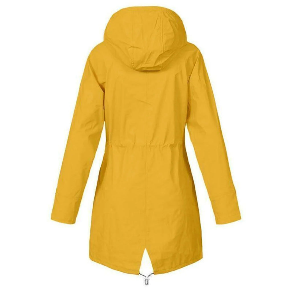 Yellow hooded raincoat front view showing adjustable drawstring hood and front pockets