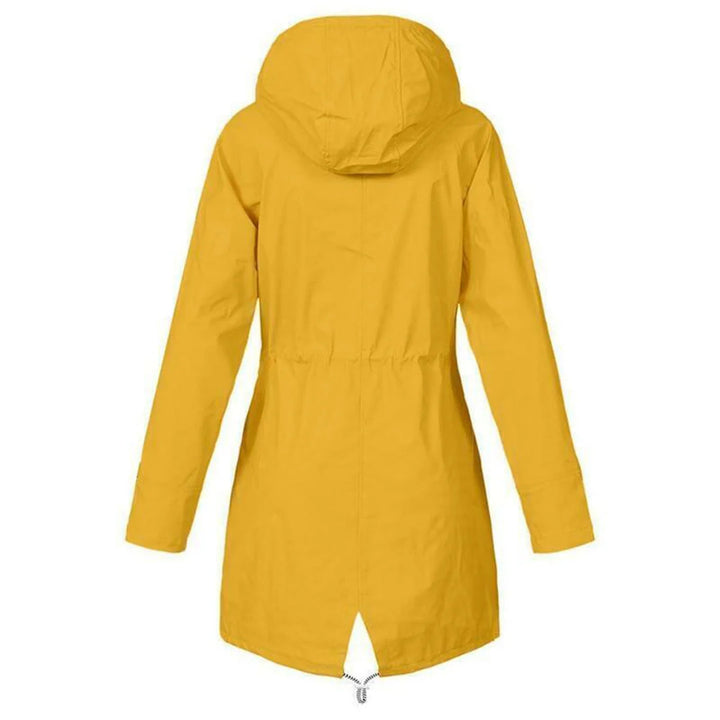 Yellow hooded raincoat front view showing adjustable drawstring hood and front pockets