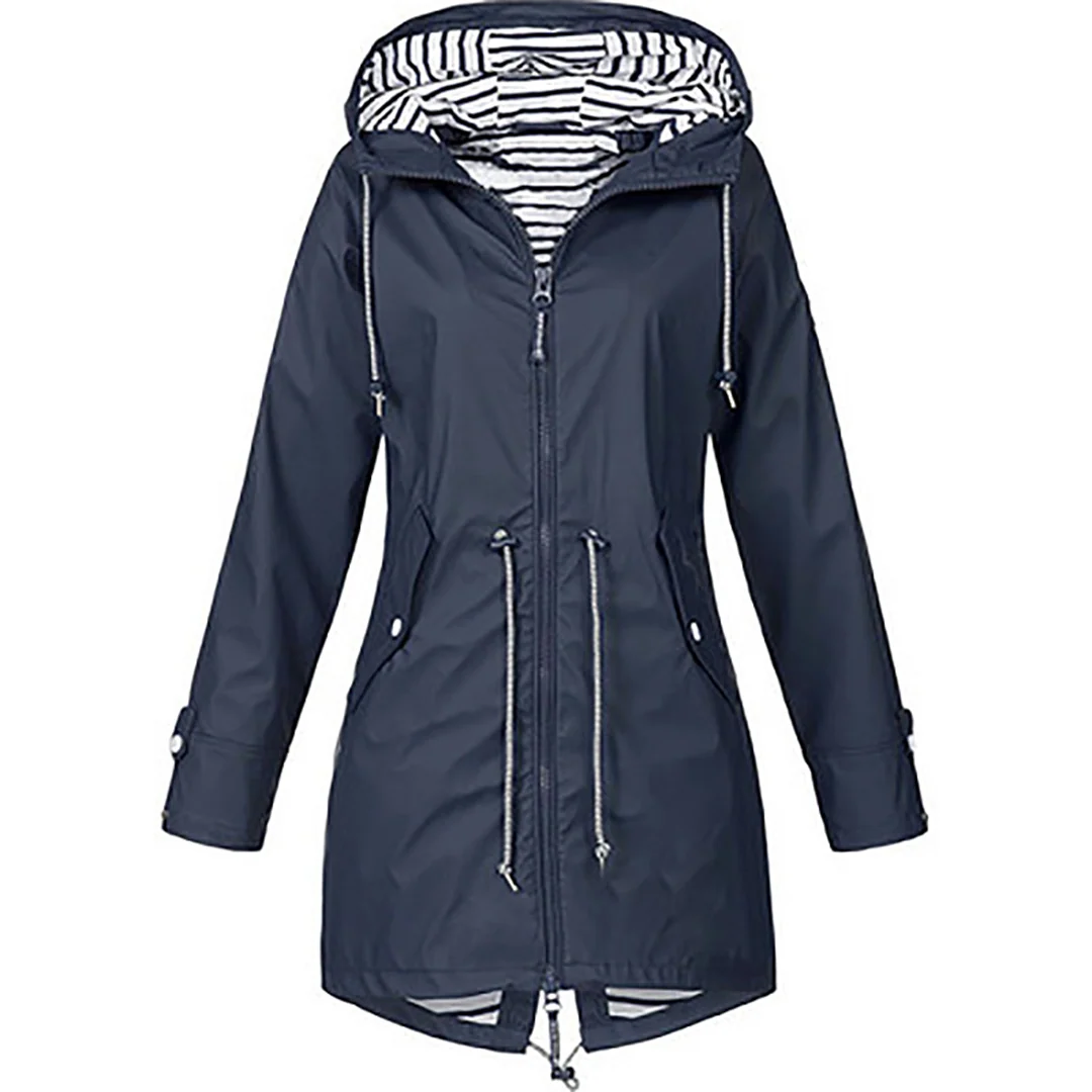 Women's waterproof raincoat with contrast striped lining and zip closure