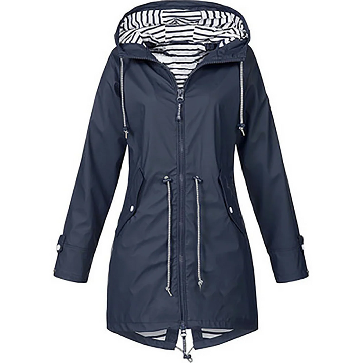 Women's waterproof raincoat with contrast striped lining and zip closure