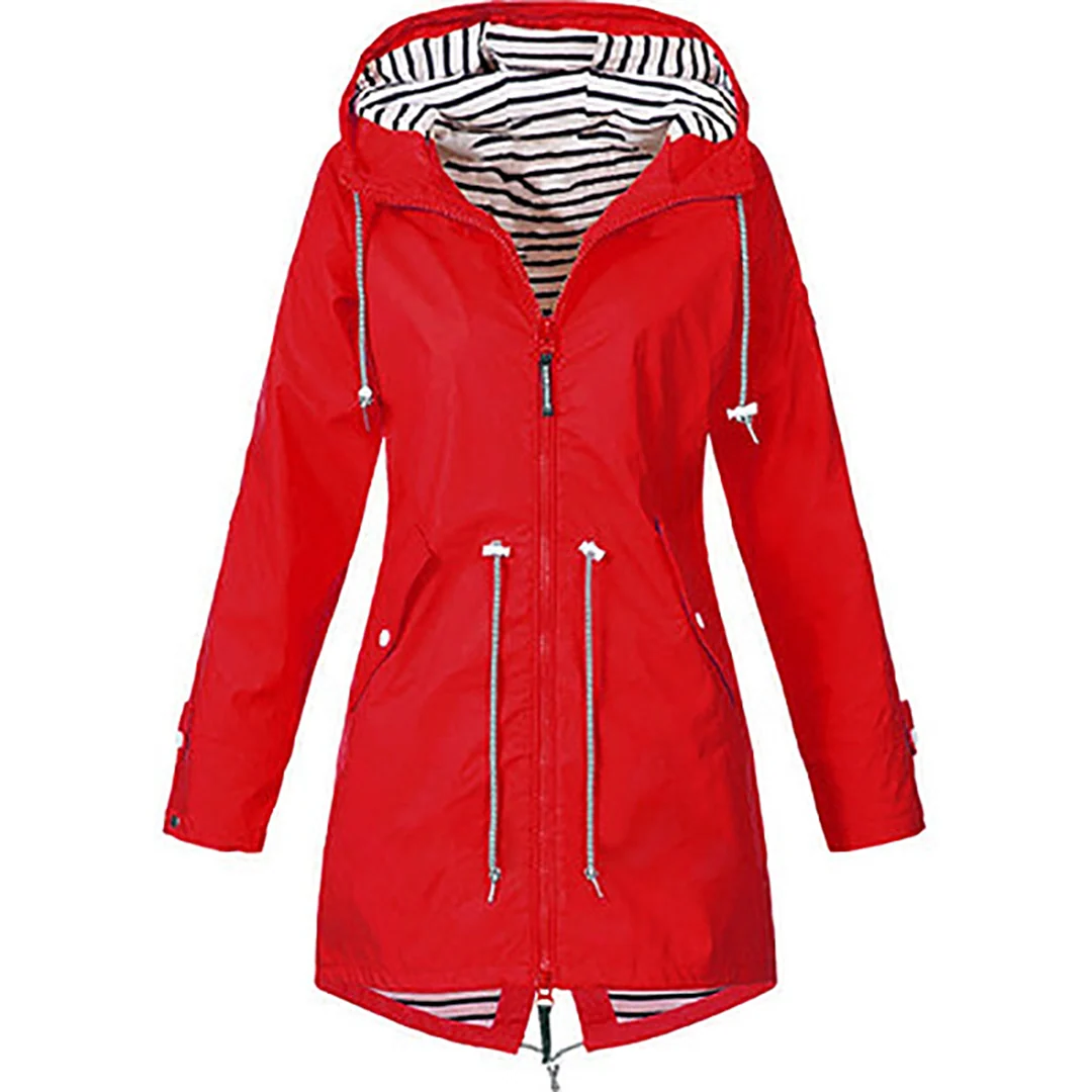 Hooded raincoat side view displaying relaxed fit and functional pocket details
