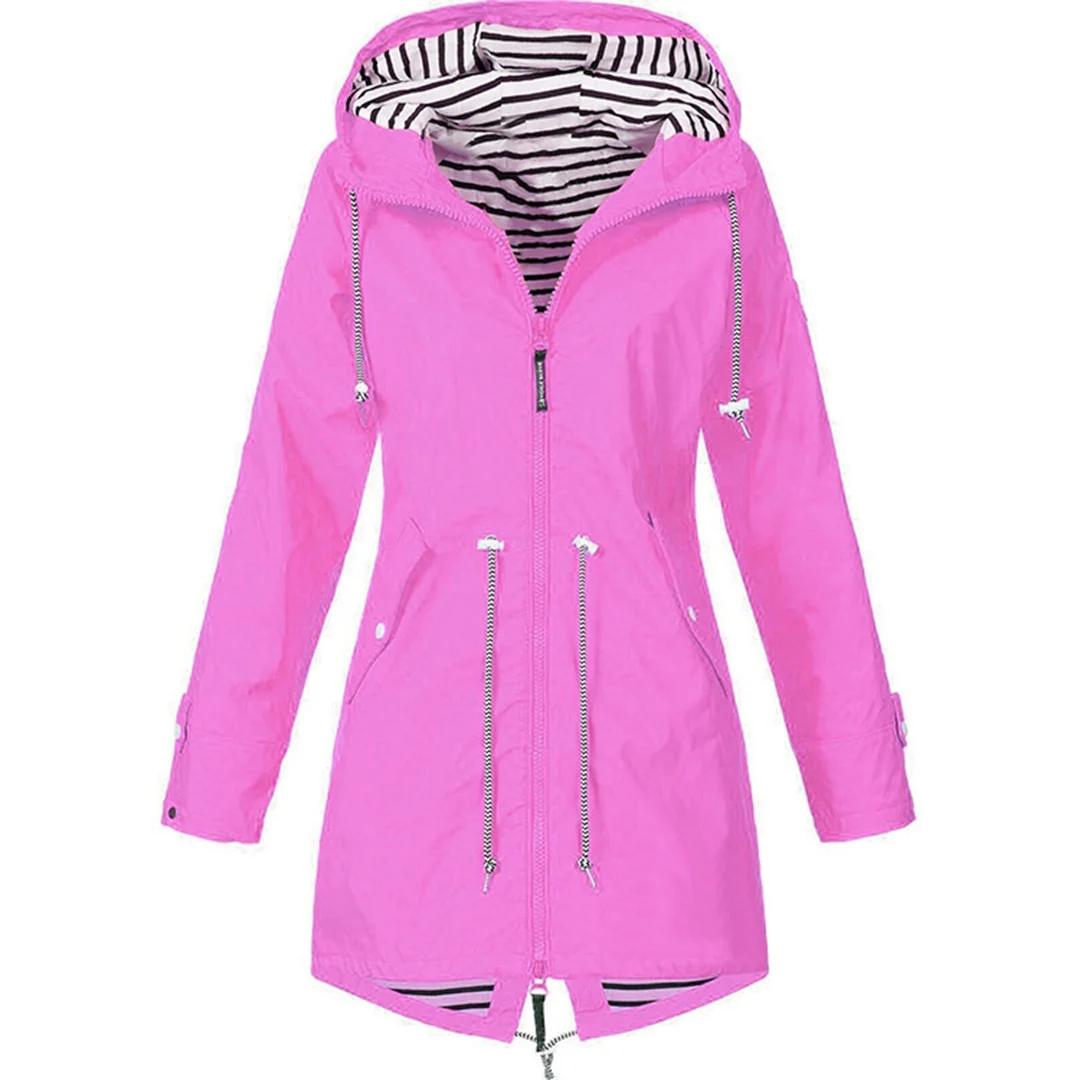 Yellow raincoat close-up showing water-resistant fabric and drawstring waist ties