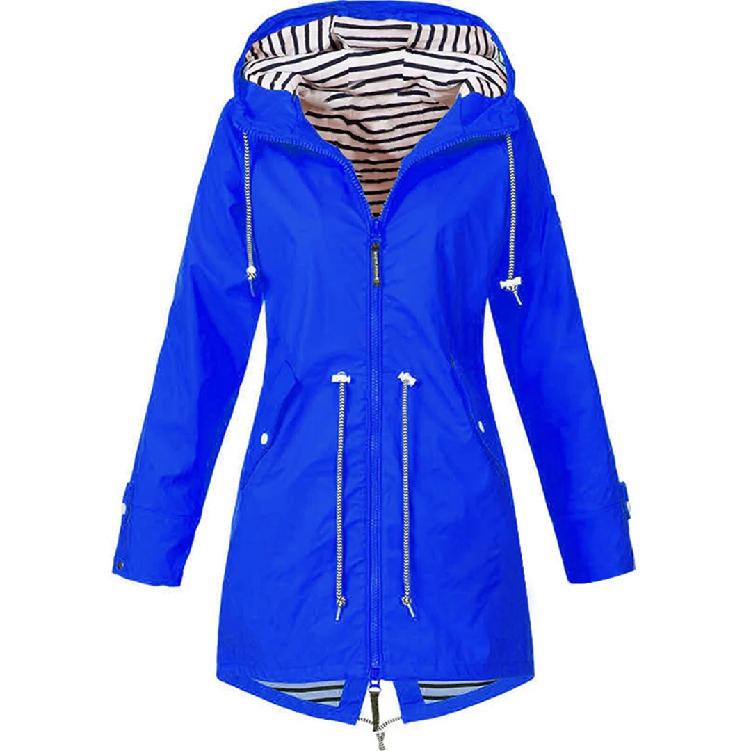 Women's hooded coat back view with adjustable hood and full-length coverage