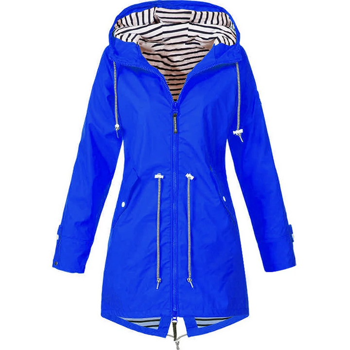 Women's hooded coat back view with adjustable hood and full-length coverage