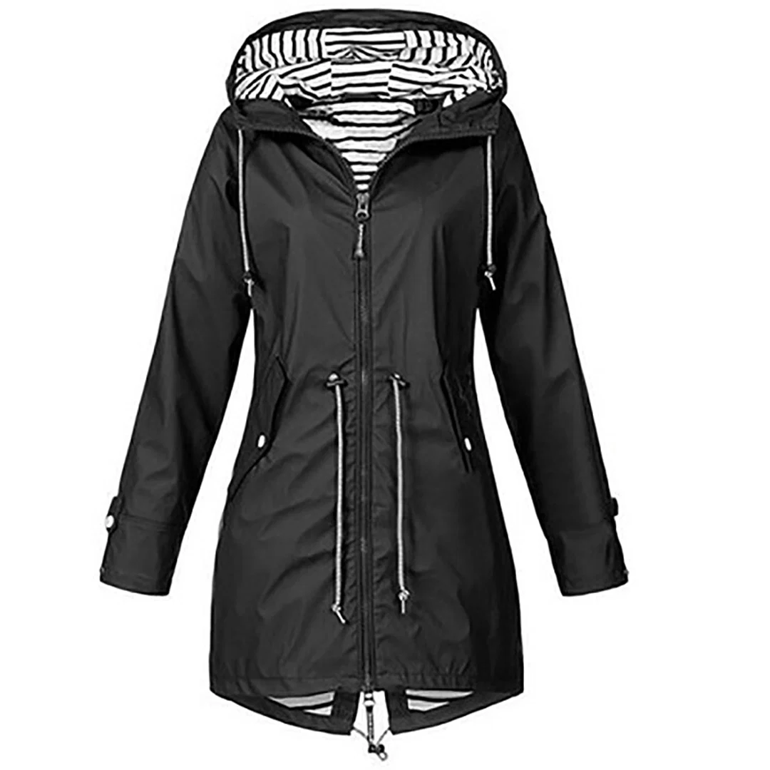 Raincoat detail showing striped lining and zip closure with contrast cords