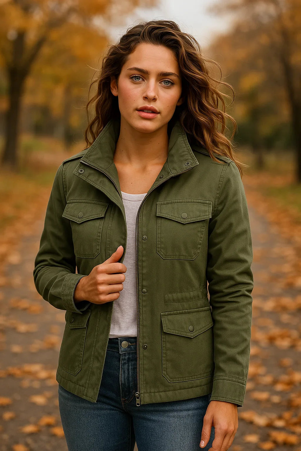 Women's utility jacket in olive green with stand collar, zip and button front closure, multiple pockets.