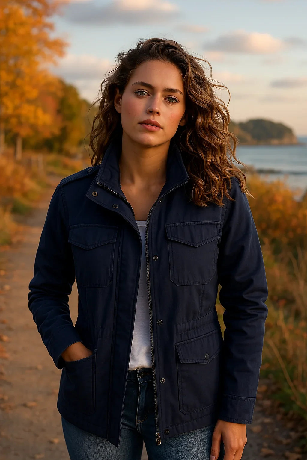Close-up of women's utility jacket showing flap pockets with button detail and structured fabric finish.