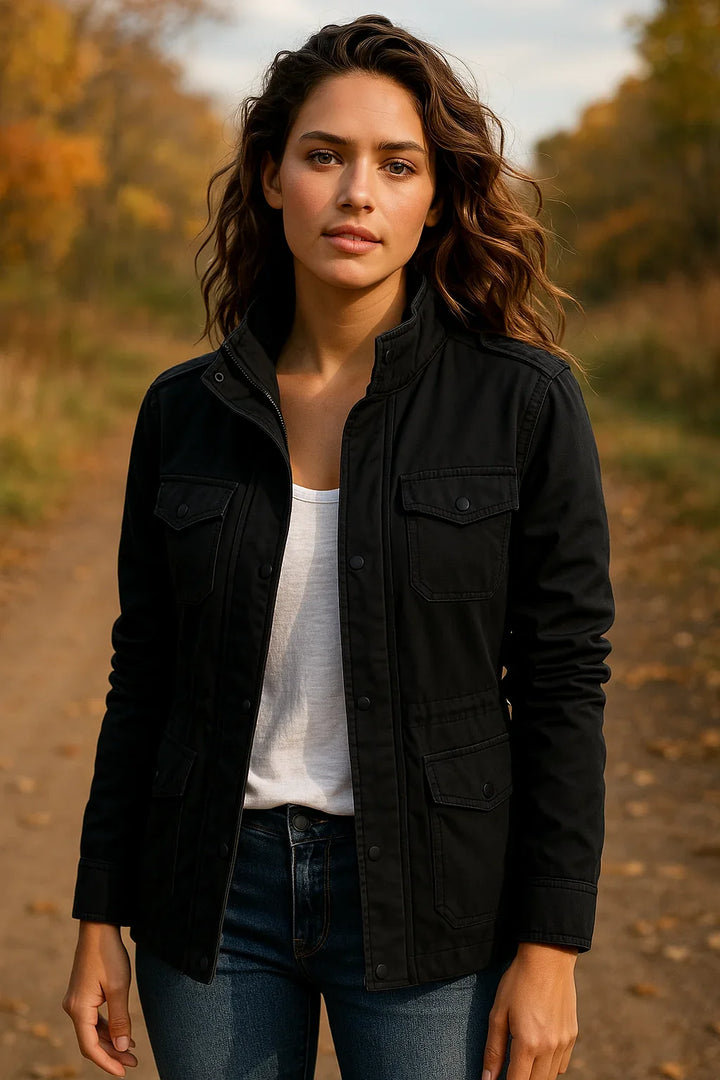 Side view of women's utility jacket featuring buttoned cuffs and military-inspired silhouette for layering.