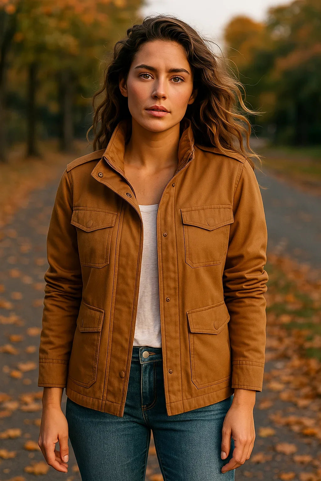 Women's utility jacket styled with jeans, showing relaxed fit and practical pocket placement for everyday wear.