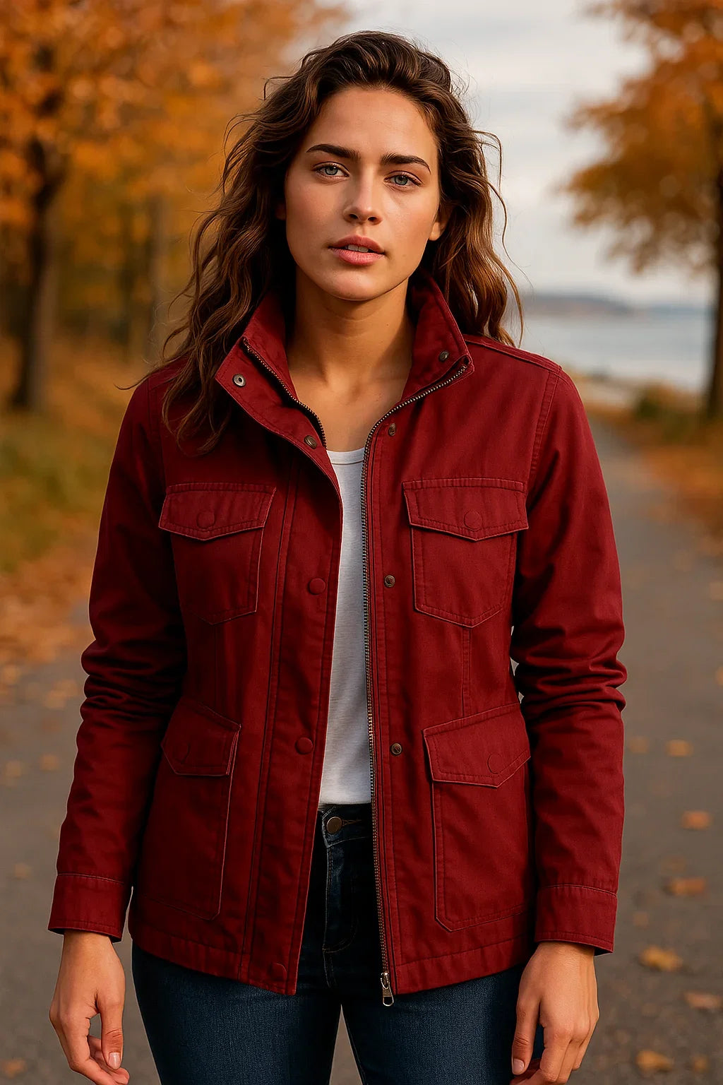 Detail of women's utility jacket stand collar and zip closure with button fastening overlay.