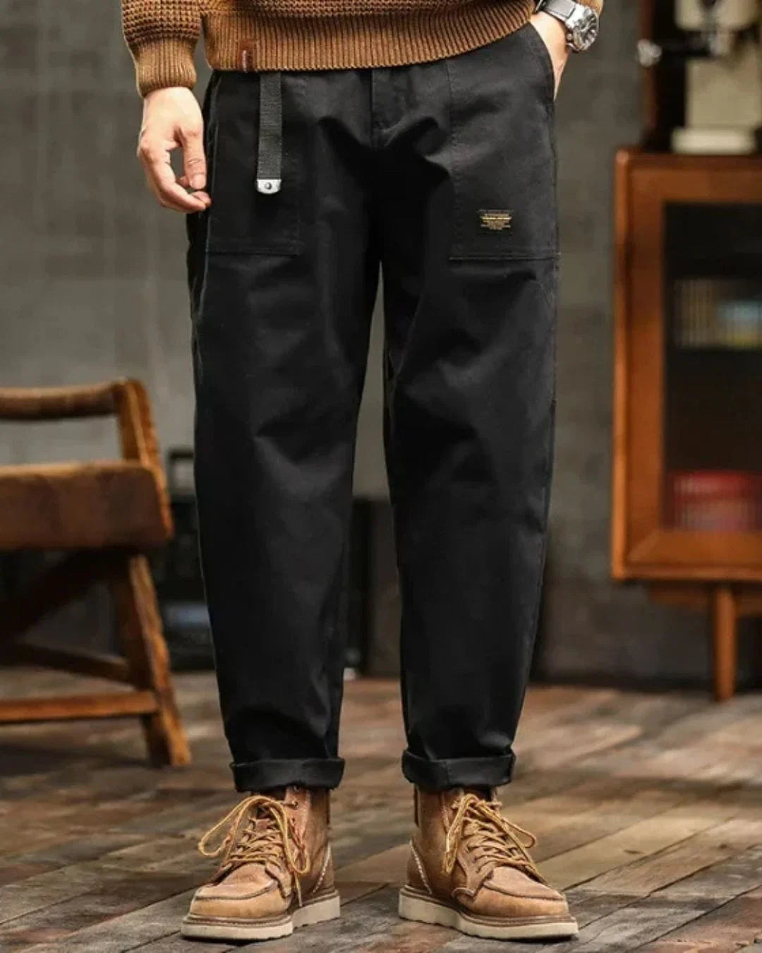 Back view of relaxed cargo trousers showing straight-leg cut and vintage-washed finish