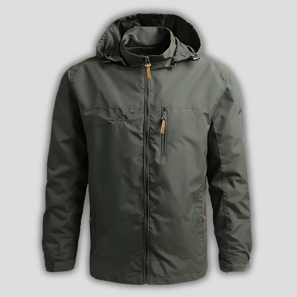Men's hooded outdoor jacket in olive green with full-length zip and chest pocket