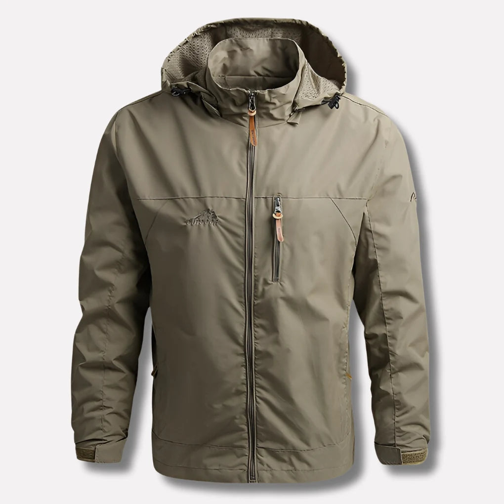 Close-up view of men's outdoor jacket showing adjustable hood and zip detail