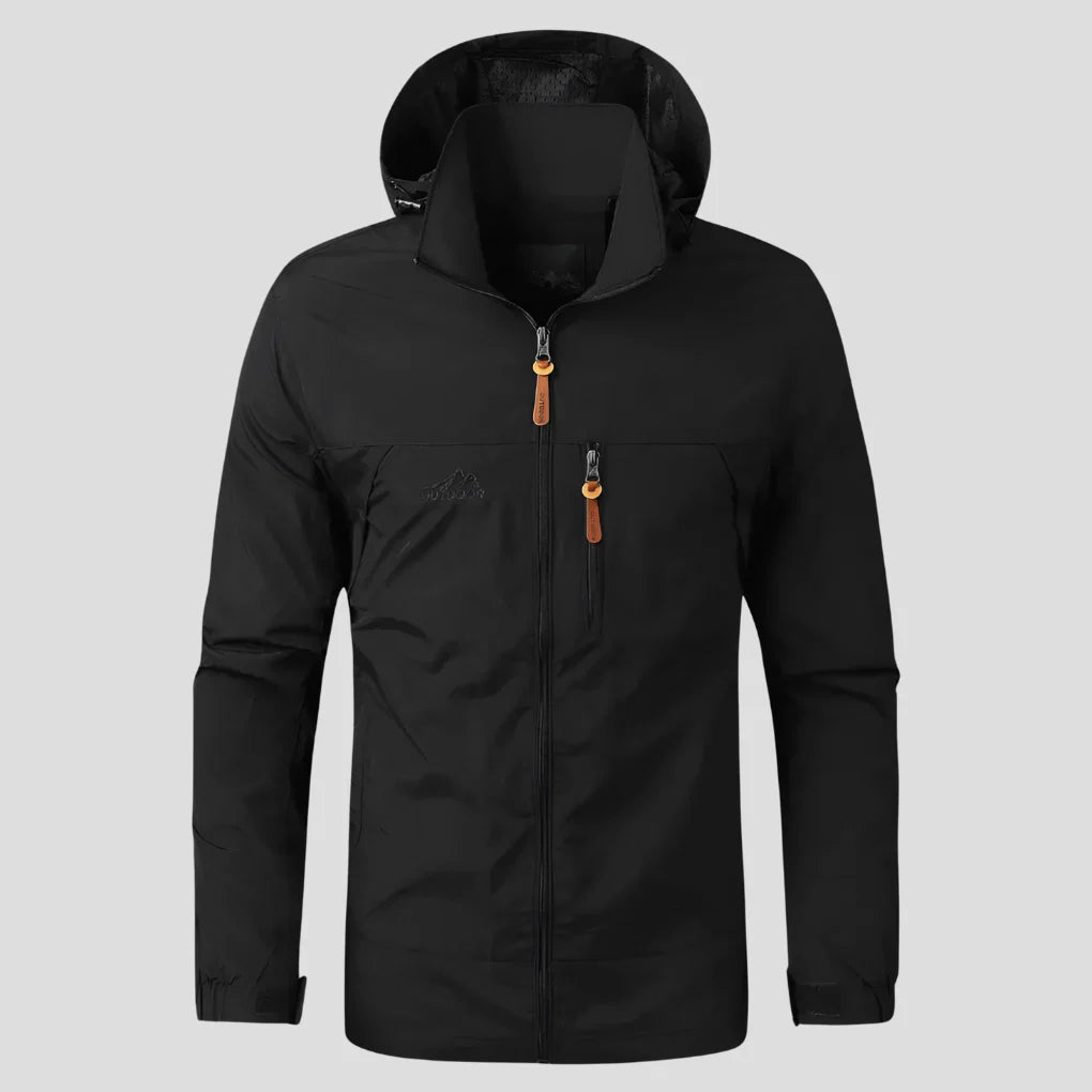 Men's hooded jacket featuring ribbed cuffs and side pockets for outdoor wear