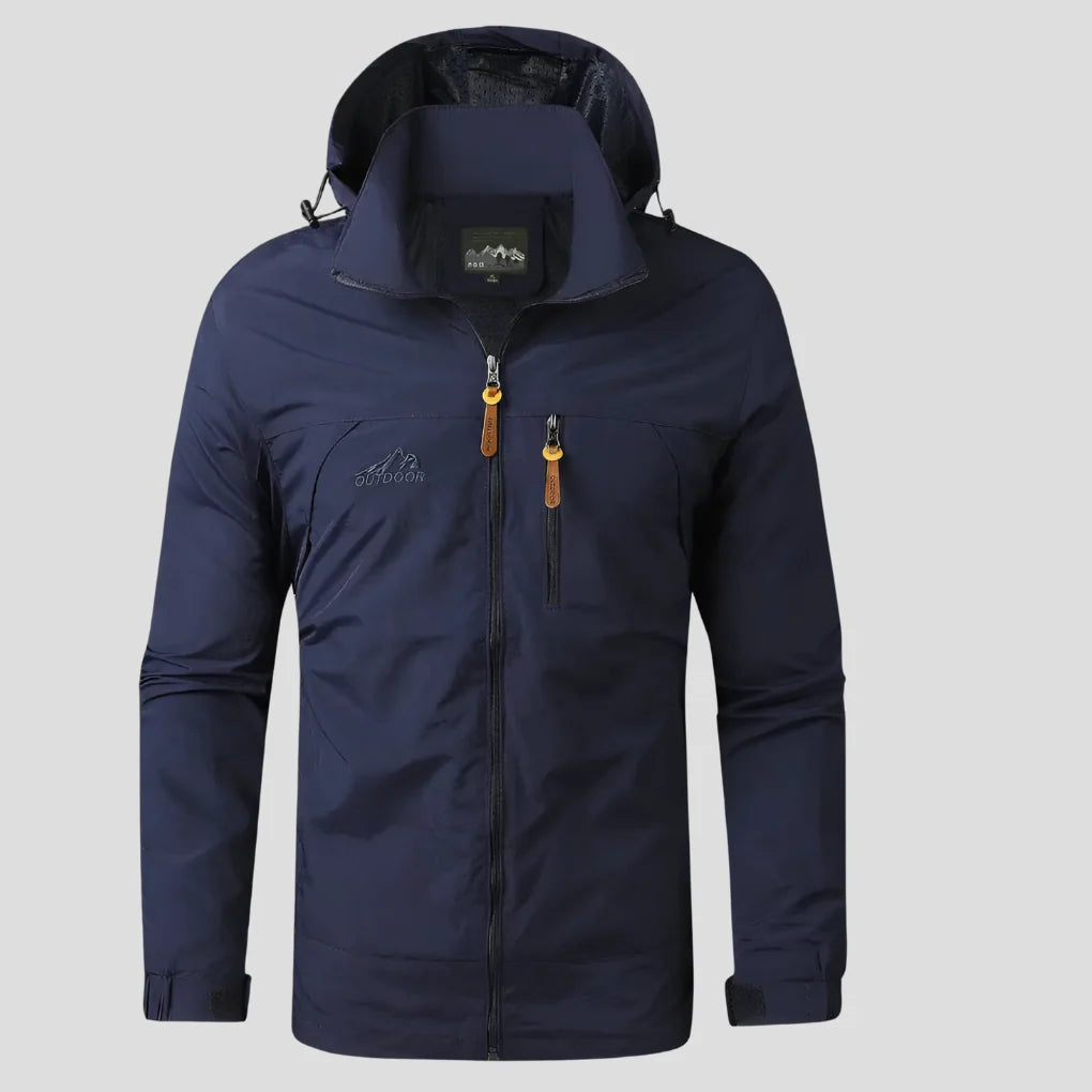 Olive green men's outdoor jacket with structured fabric and practical pocket design