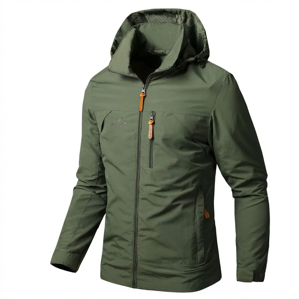 Detailed view of men's outdoor jacket showing chest pocket and smooth finish fabric