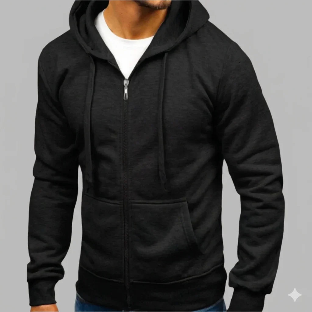 Men's zip-up hoodie in dark grey with adjustable drawstring hood and kangaroo pocket
