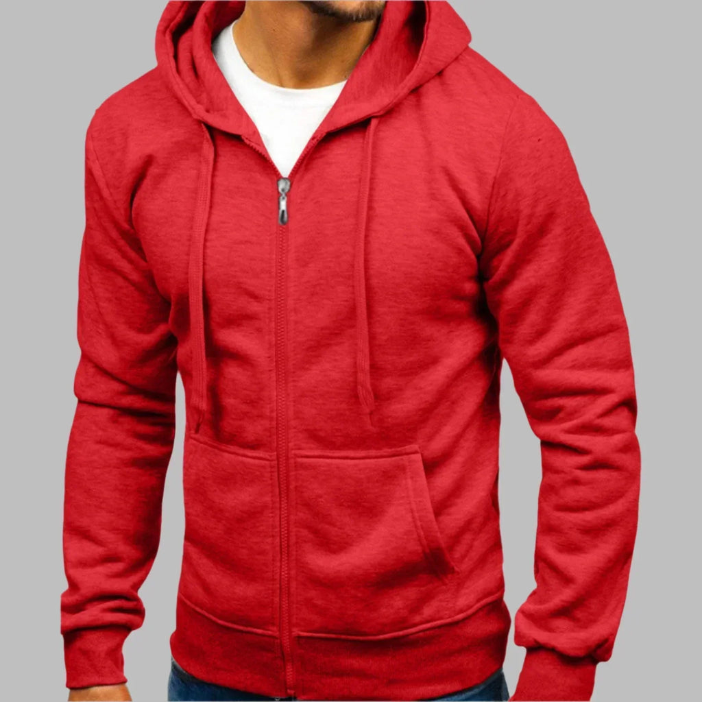Close-up of men's zip-up hoodie showing full-length front zip and ribbed cuffs