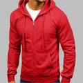 Close-up of men's zip-up hoodie showing full-length front zip and ribbed cuffs