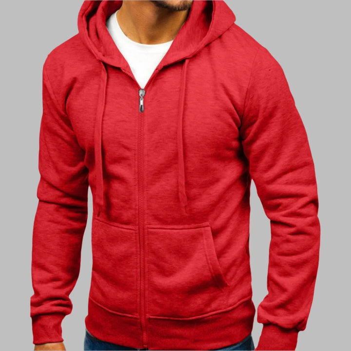 Close-up of men's zip-up hoodie showing full-length front zip and ribbed cuffs