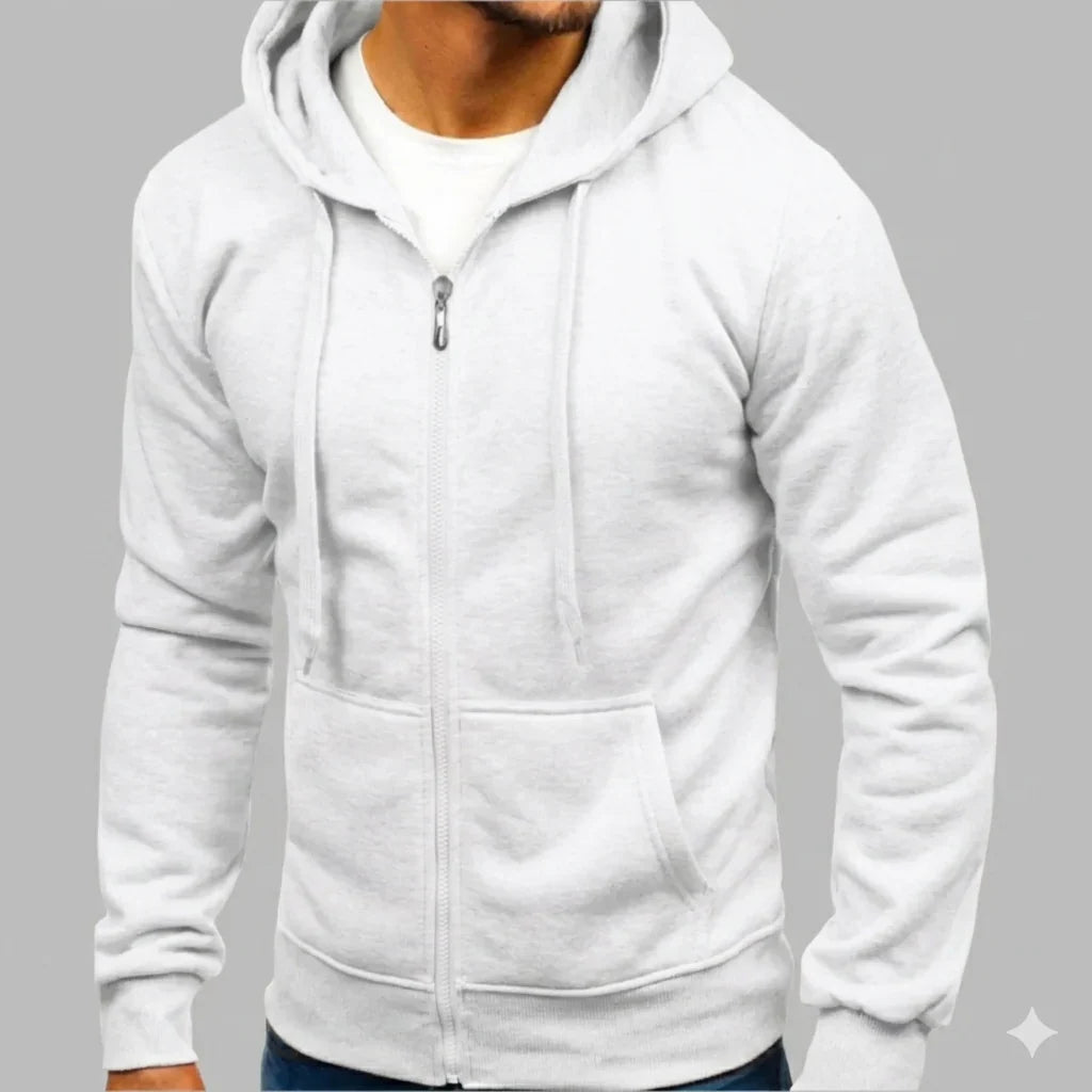 Side view of men's hoodie displaying relaxed fit and ribbed hem detailing