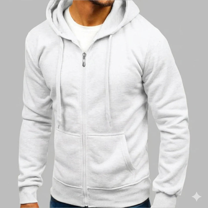 Side view of men's hoodie displaying relaxed fit and ribbed hem detailing