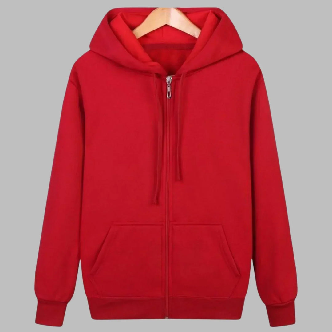 Detail shot of kangaroo pocket on men's zip-up hoodie with fleece interior