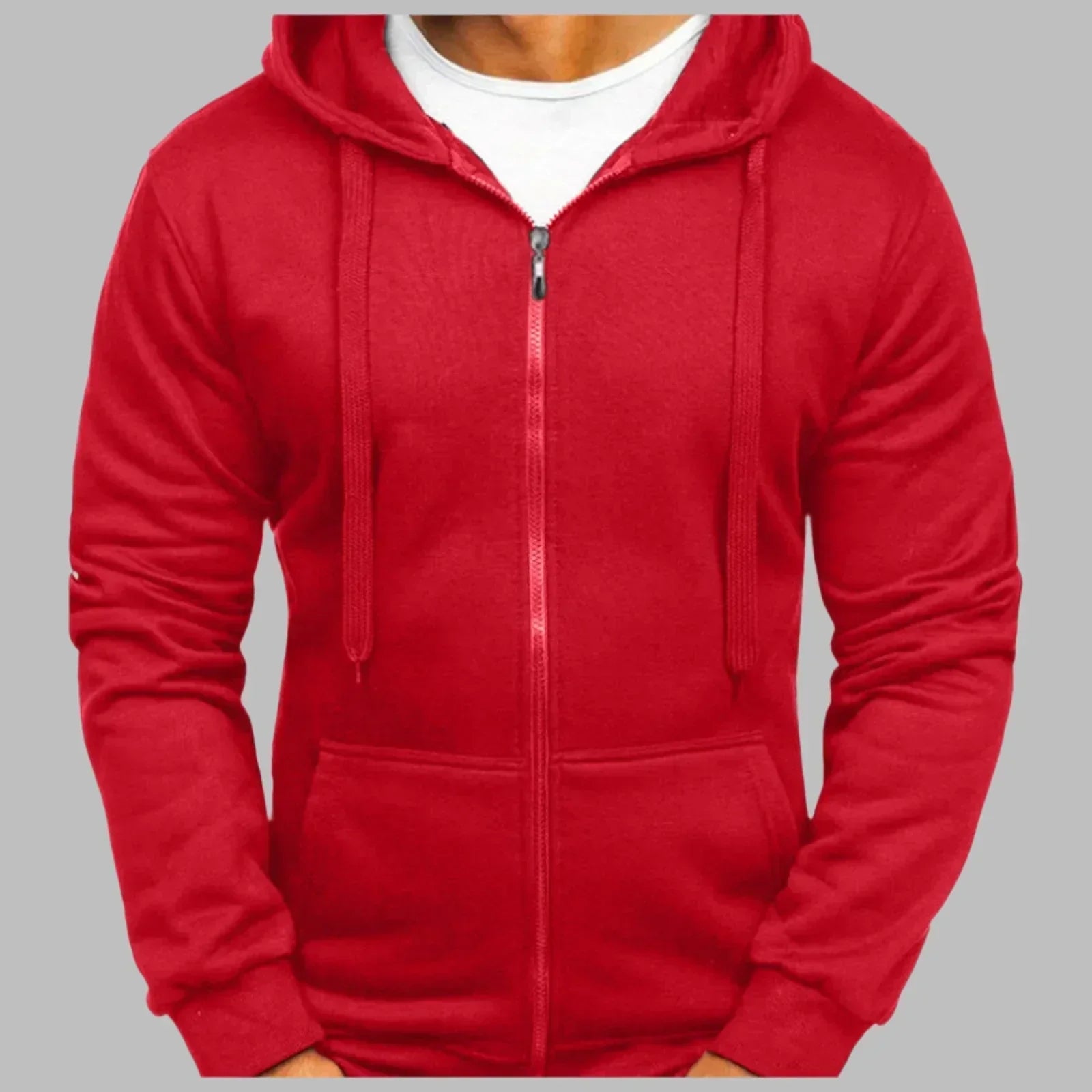 Men's hoodie showing integrated hood with adjustable drawstrings and zip closure