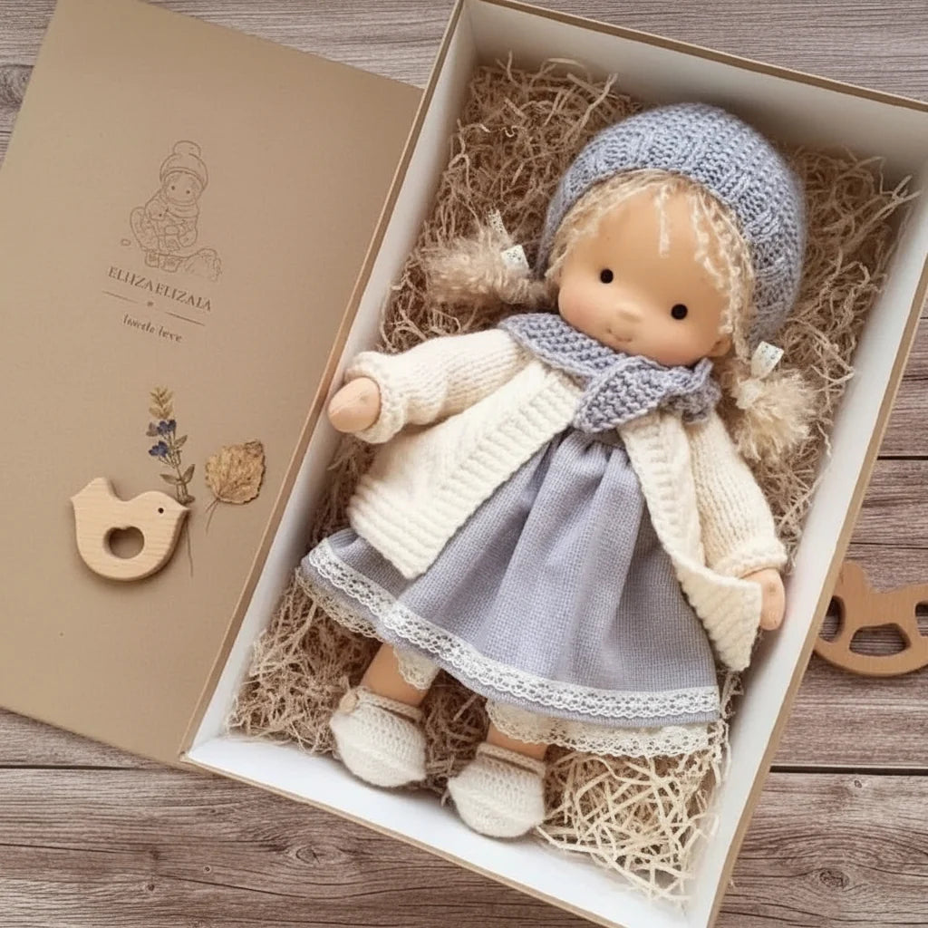 Waldorf-inspired cloth doll in cream cardigan and lilac dress with bonnet resting in gift box