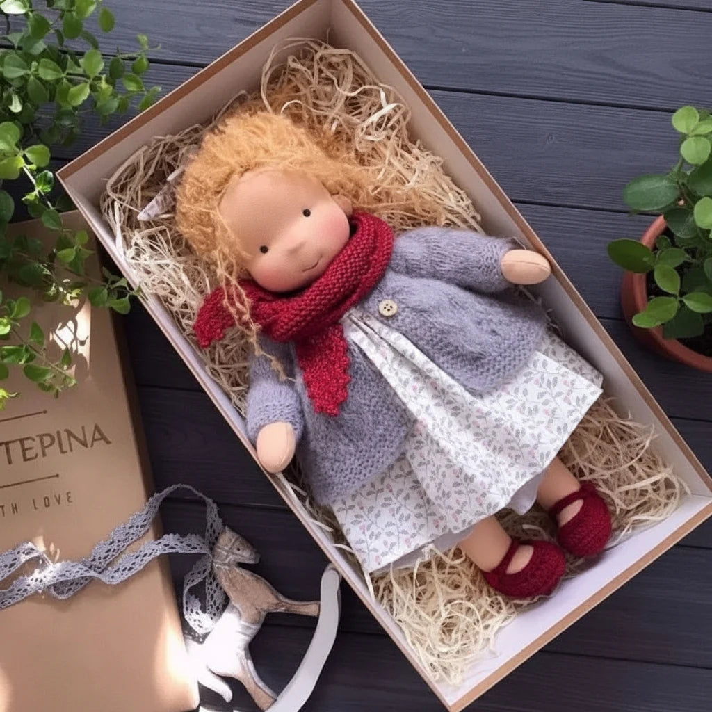 Cloth doll dressed in knitted cardigan, dress and bonnet for imaginative role-play