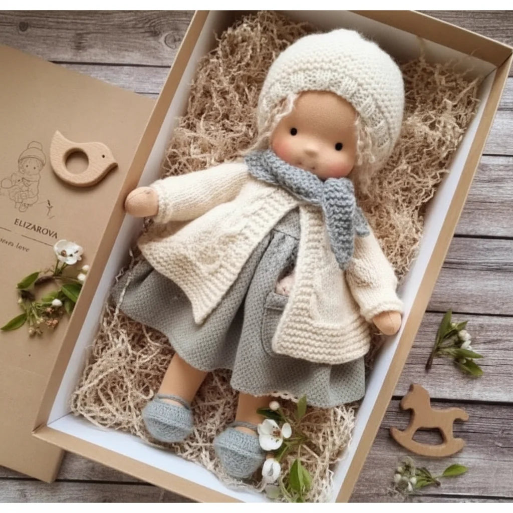 Waldorf-inspired doll with blonde hair wearing cream cardigan over lilac dress
