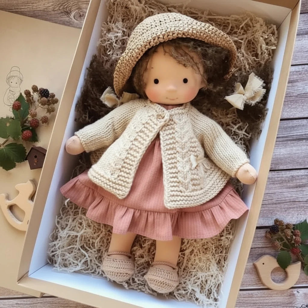 Soft cotton Waldorf doll with blonde hair wearing knitted cream cardigan over lilac dress