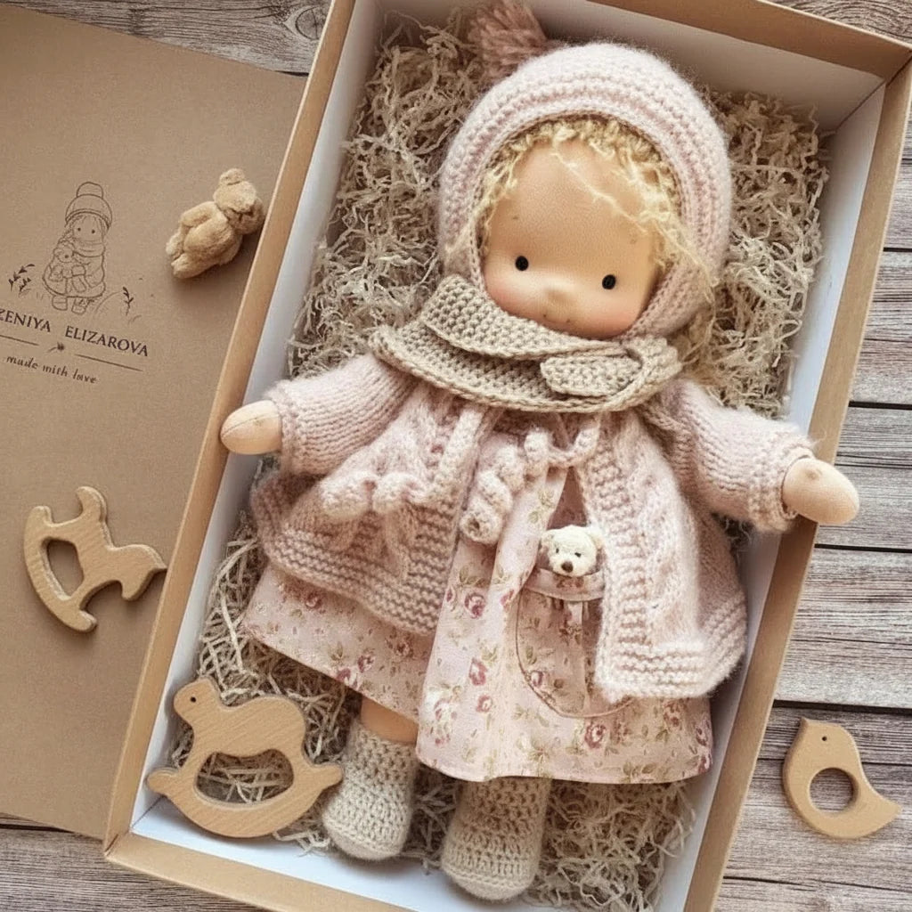 Minimalist cloth doll in cream and lilac knitted outfit resting in natural fibre box