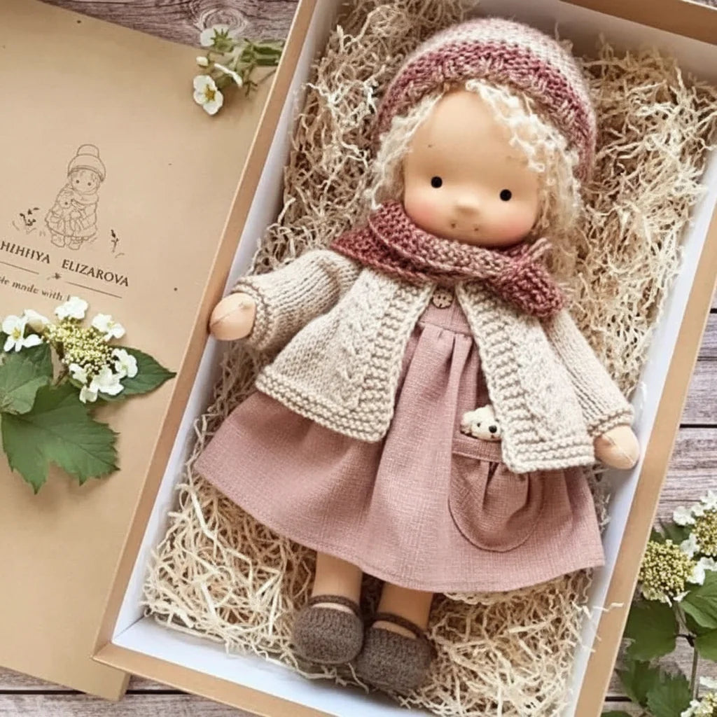 Cloth doll wearing knitted cardigan, dress and bonnet for bedtime comfort