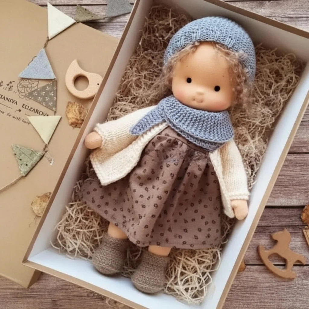 Handcrafted cloth doll in gift box encouraging open-ended creative play