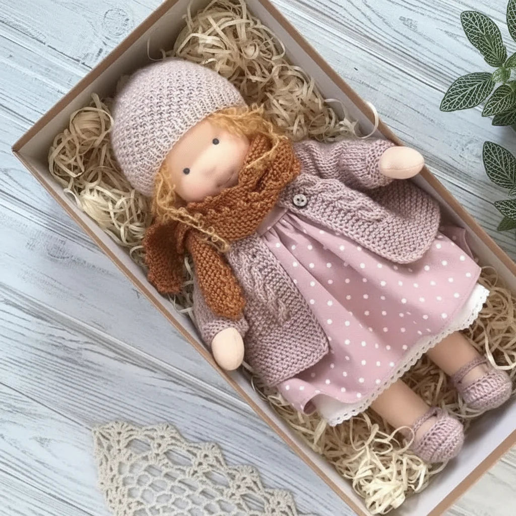 Cloth doll dressed in cream cardigan and lilac dress with lace trim details
