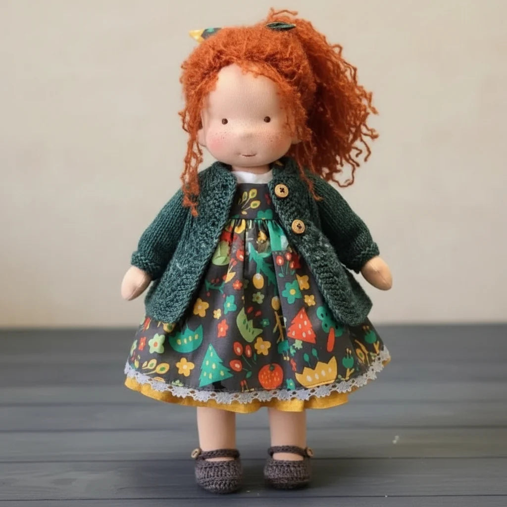 Soft cotton Waldorf doll with gentle features and lightweight construction
