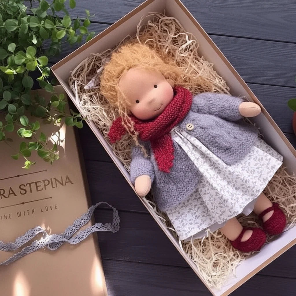 Waldorf-style doll in gift box with wooden teether showing minimalist design and soft construction
