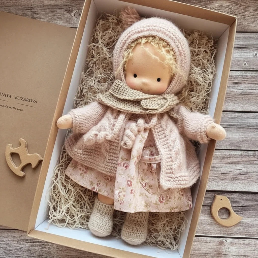 Waldorf doll with blonde hair and knitted bonnet lying in natural fibre gift packaging