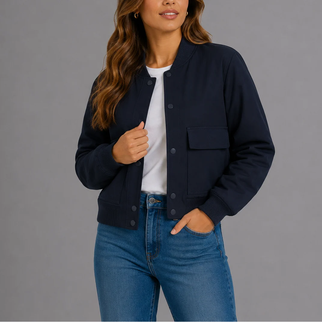 Women's bomber jacket in navy with ribbed collar and button-front closure worn with jeans