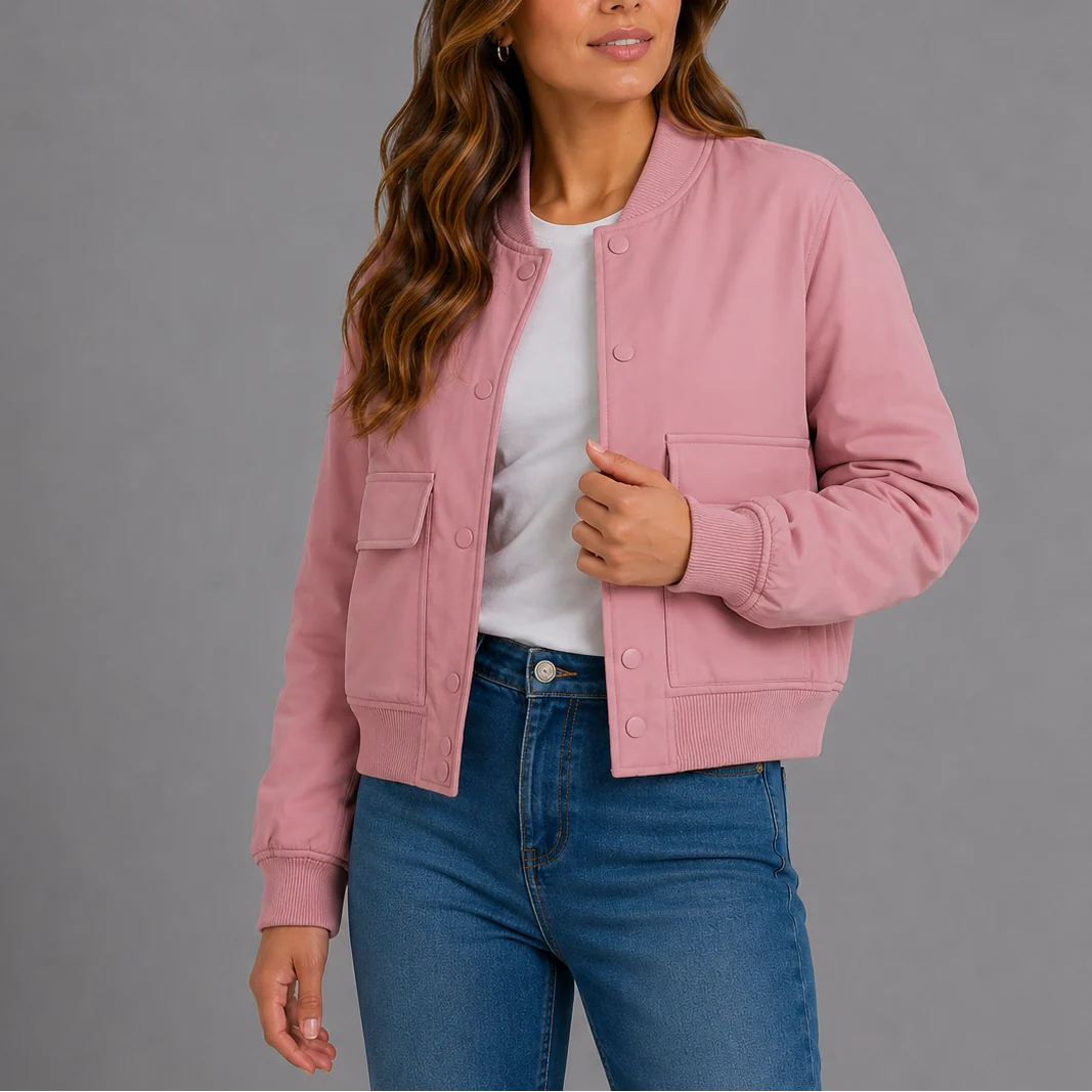 Close-up view of women's bomber jacket showing ribbed cuffs and flap chest pocket detail