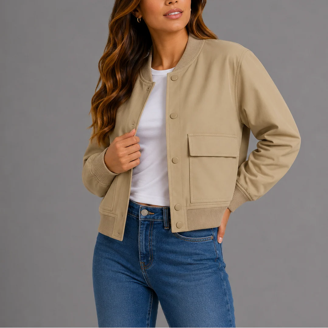 Side profile of relaxed fit bomber jacket with smooth fabric finish and practical pockets