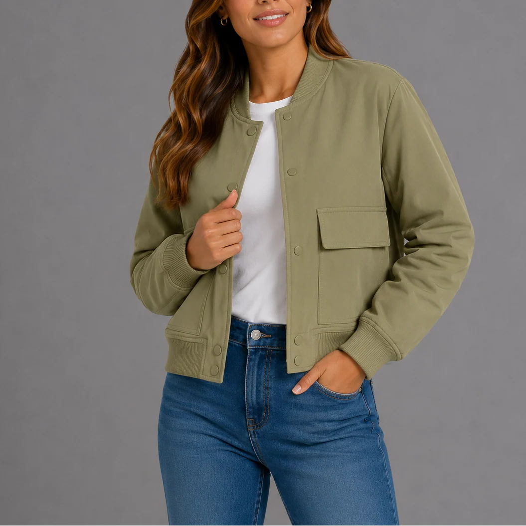 Women's bomber jacket styled casually over white tee demonstrating easy layering fit