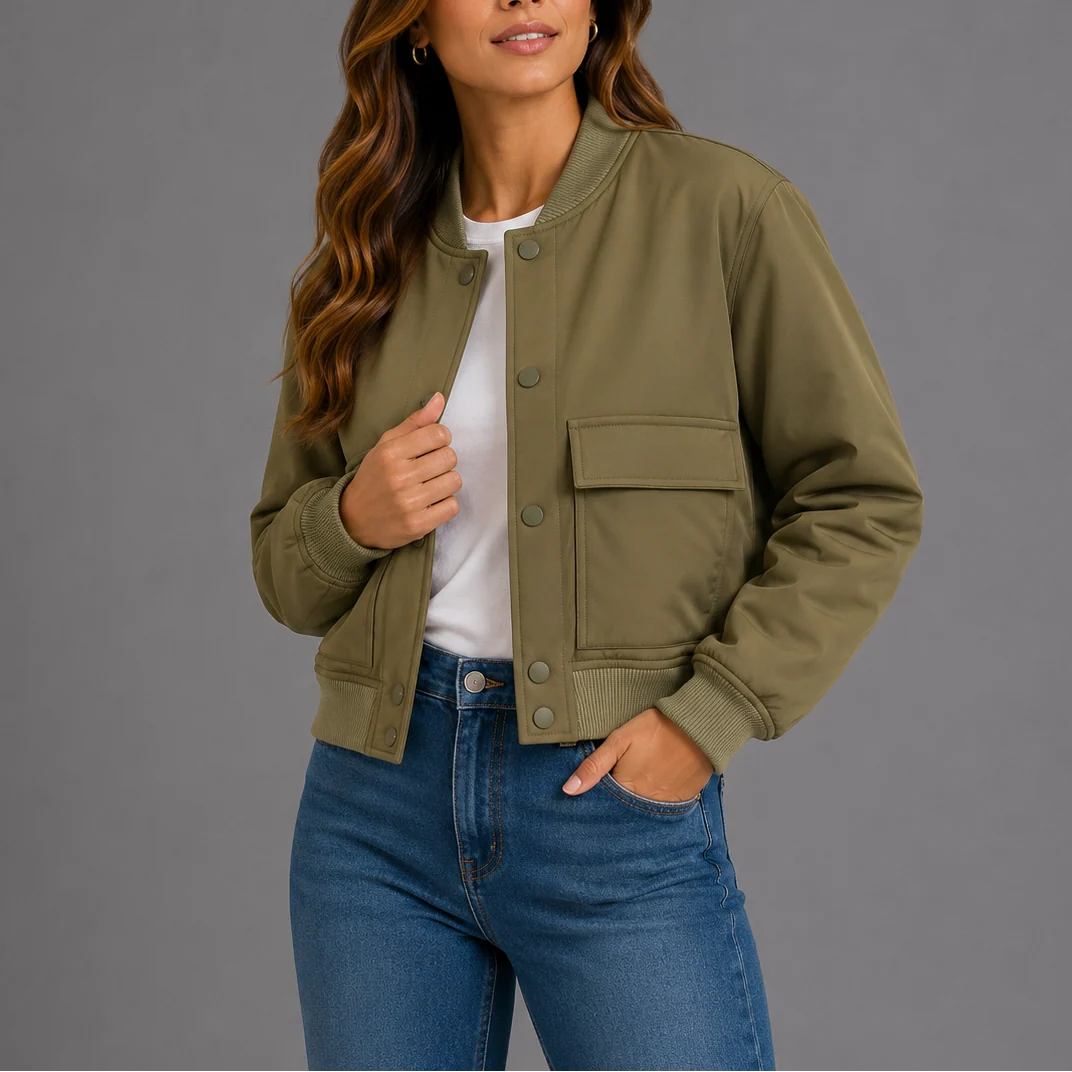 Detail shot of button-front closure and ribbed hem on women's bomber jacket