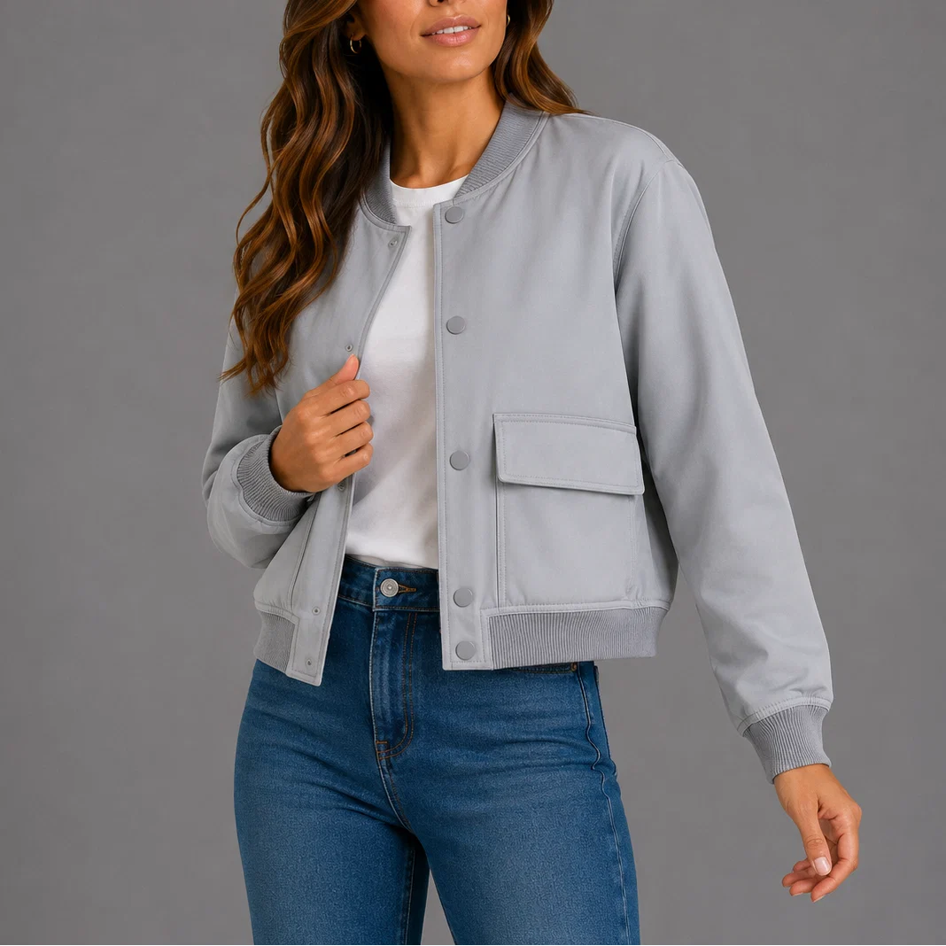 Full-length view of women's bomber jacket showing classic silhouette and structured ribbed trims