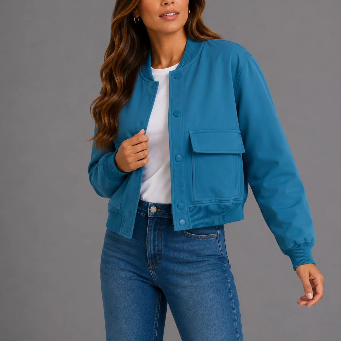 Women's bomber jacket paired with casual bottoms for everyday transitional weather styling